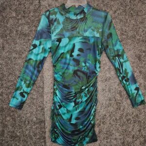 ANRABESS Women Green Blue Floral Mesh Ruched Bodycon Mock Neck Mini Dress M